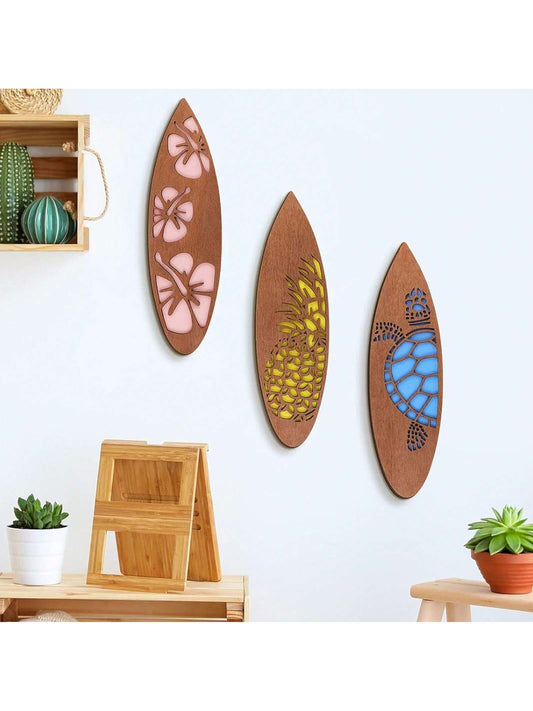 Tropical Surfboard Wall Hanging Trio - Hawaiian Beach Decor Set with Hibiscus, Pineapple, and Sea Turtle Design