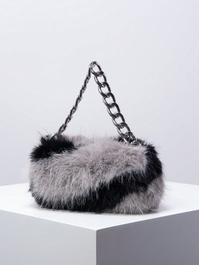 Rainbow Furry Tote: Trendy Girls' Metal Chain Fluffy Bucket Bag