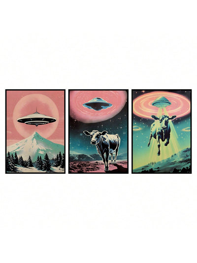 Interstellar Herd: 3-Piece UFO Highland Cattle Themed Decorative Painting Set