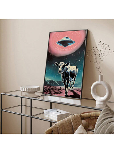 Interstellar Herd: 3-Piece UFO Highland Cattle Themed Decorative Painting Set