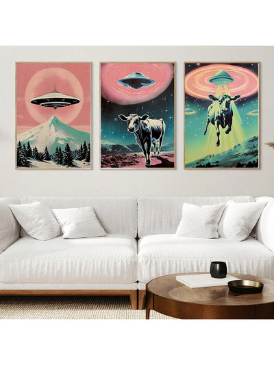 Interstellar Herd: 3-Piece UFO Highland Cattle Themed Decorative Painting Set