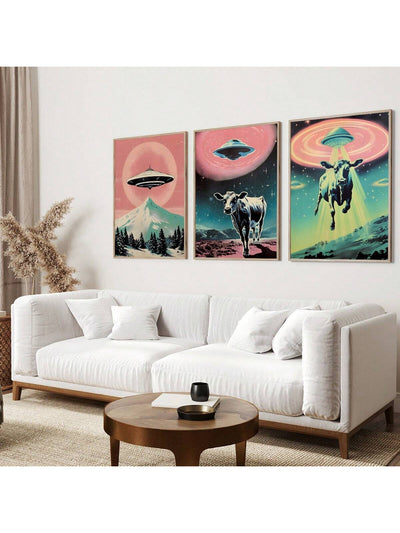 Interstellar Herd: 3-Piece UFO Highland Cattle Themed Decorative Painting Set