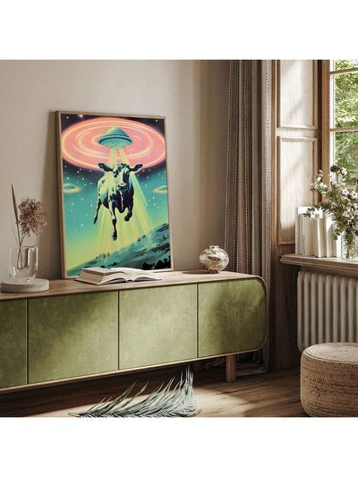 Interstellar Herd: 3-Piece UFO Highland Cattle Themed Decorative Painting Set