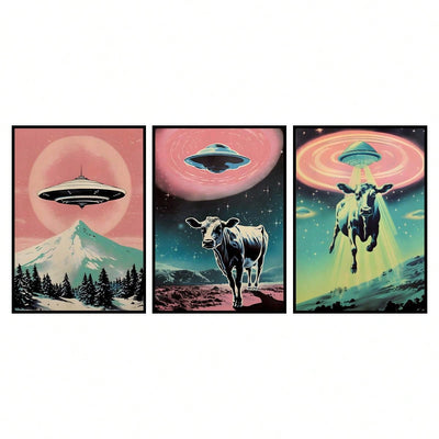 Interstellar Herd: 3-Piece UFO Highland Cattle Themed Decorative Painting Set