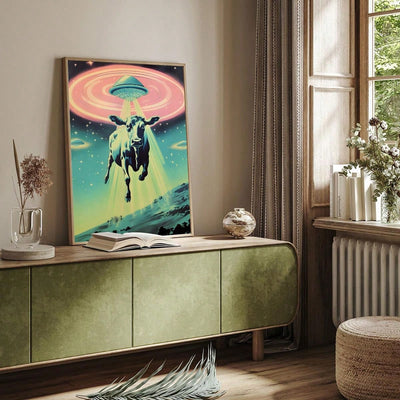 Interstellar Herd: 3-Piece UFO Highland Cattle Themed Decorative Painting Set