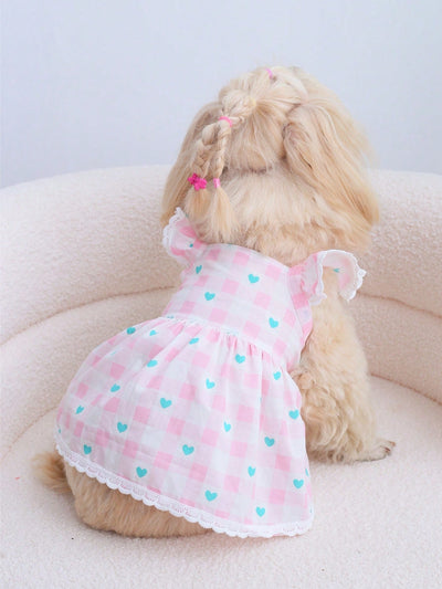 Adorable Pet Dress: Heart Plaid Patterned Cap Sleeve Dress for All Seasons