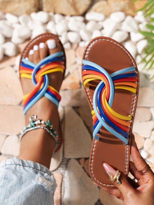 Rainbow Cross-Strap Flat Sandals: Perfect for Beach Vacations