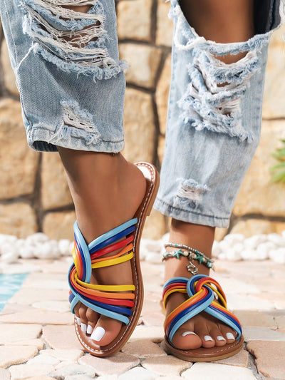 Rainbow Cross-Strap Flat Sandals: Perfect for Beach Vacations
