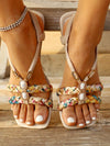 Vacation-Ready Beaded Flat Sandals: Stylish Solid Color for Women and Students