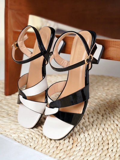 Chic Black and White Panel Peep Toe Chunky Heels: Perfect for Parties, Work, and Holidays