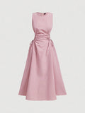 Blush pink sleeveless midi dress front view with ruched waist panel