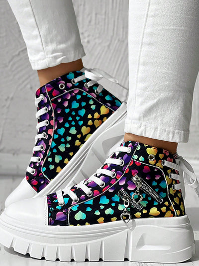 Colorful Printed Sports Shoes: Stylish Lace-Up Sneakers with Side Zipper