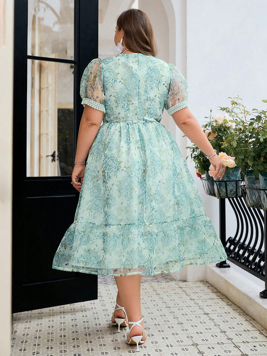 Summer Plus Size Green Flower Print Mesh Lace Bubble Sleeve Dress For Women