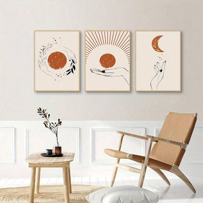 Boho Sun and Moon Line Pattern Wall Art Set - Vibrant Home Decor for Living Room and Bedroom