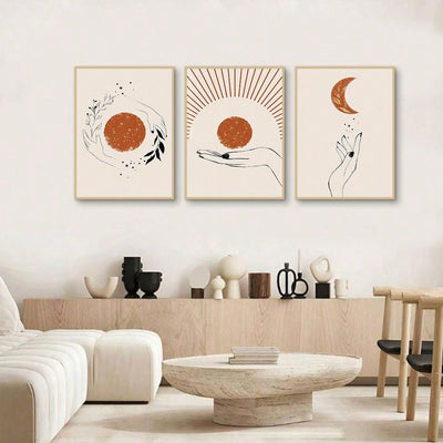 Boho Sun and Moon Line Pattern Wall Art Set - Vibrant Home Decor for Living Room and Bedroom