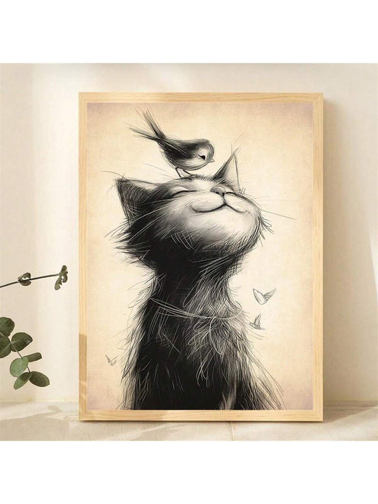 Whimsical Wall Art: A Bird Standing On A Cat's Head - Unframed Canvas Poster
