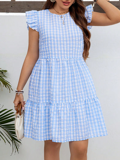 Chic Plus Size Gingham Flare Sleeve Summer Dress with Round Neck