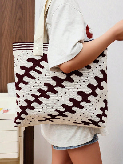 Chic and Stylish: Knitted Striped Tote Bag for Fashionable Travel and Shopping