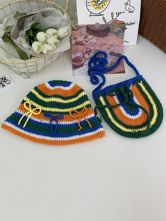 This Rainbow Striped Knitting Hat &amp; Bag Set features a vintage crochet fisherman style that makes it perfect for those looking to add a touch of retro charm to their winter wardrobe. The rainbow stripes add a pop of color, while the bag provides convenience and functionality. Stay warm and stylish with this unique set.