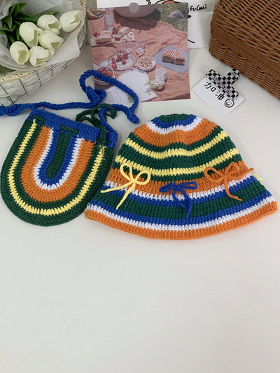 Rainbow Striped Knitting Hat & Bag Set: Vintage Crochet Fisherman Style