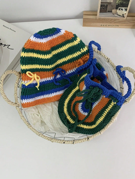 Rainbow Striped Knitting Hat & Bag Set: Vintage Crochet Fisherman Style