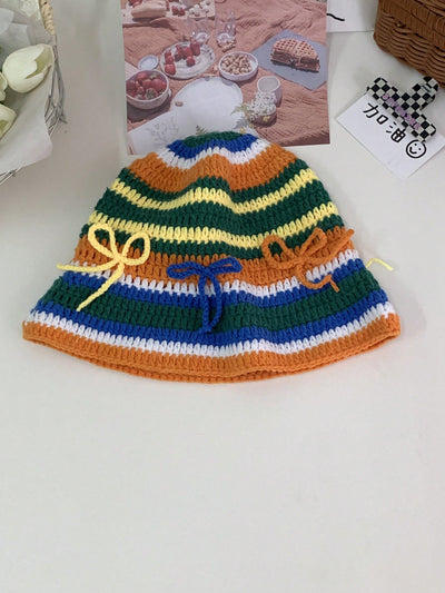 Rainbow Striped Knitting Hat & Bag Set: Vintage Crochet Fisherman Style