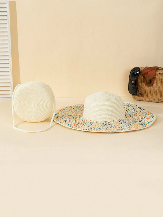 Beach Chic Essentials: Ivory Wide Brim Sun Hat and Straw Bag Set