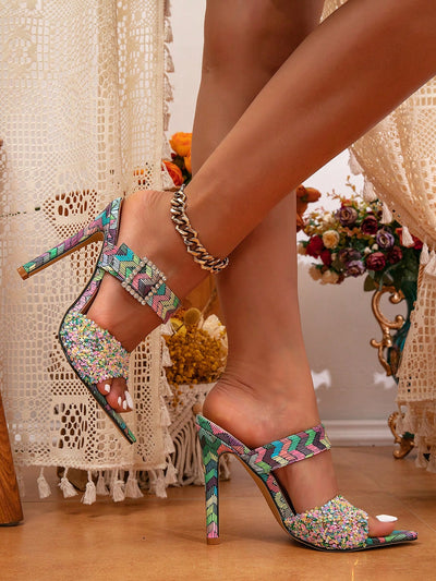 Colorful Rhinestone Square Buckle High Heels: Step into Elegance