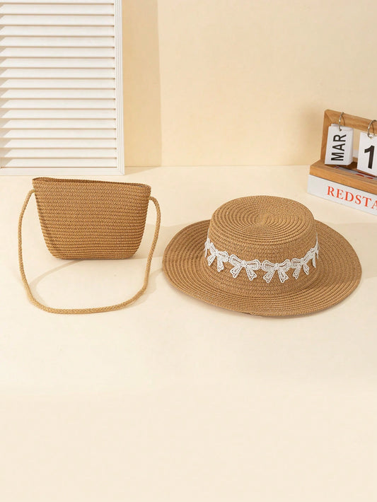 Woven Beauty: Women's Khaki Sun Hat and Crossbody Bag Set for Daily or Vacation Travel