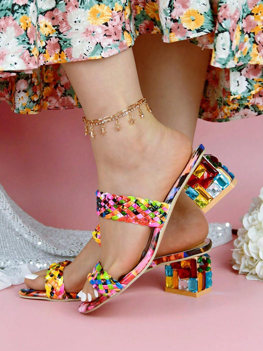 Elevate any outfit with our colorful rhinestone chunky heel <a href="https://canaryhouze.com/collections/women-canvas-shoes?sort_by=created-descending" target="_blank" rel="noopener">sandals</a>. The bold, vibrant rhinestones add a touch of glamour and the sturdy heel provides both style and comfort. Perfect for any occasion, these sandals are a must-have for any fashion-forward individual.