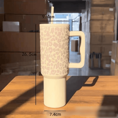 Stay Stylish on the Go with our Leopard Pattern Stainless Steel Insulated Tumbler - 40oz Travel Mug with Handle