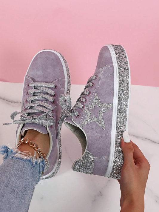 Experience European street style with these Retro Glitter Stars Women Sneakers. The vibrant purple and silver color combination adds a touch of fun and sparkle to any outfit. With their retro design and comfortable fit, these sneakers are perfect for those who love to stand out and make a statement.
