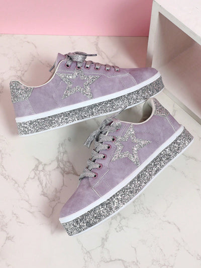 Retro Glitter Stars Women Sneakers: European Street Style in Purple Silver