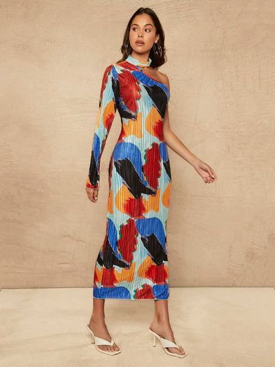 Chic One-Shoulder Abstract Plisse Dress - Elevate Your Style!