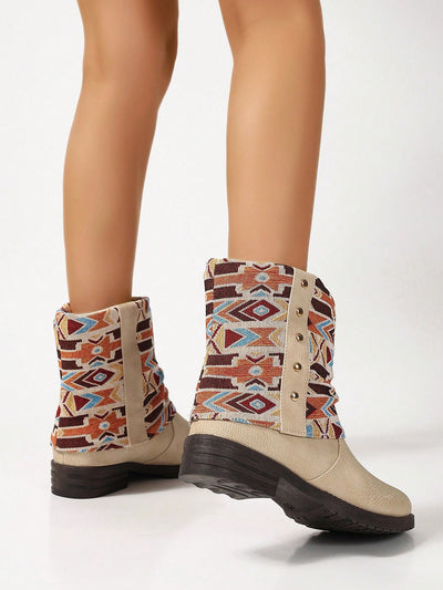 Bohemian Blooms: Beige Chunky Heel Ankle Boots with Floral Patchwork