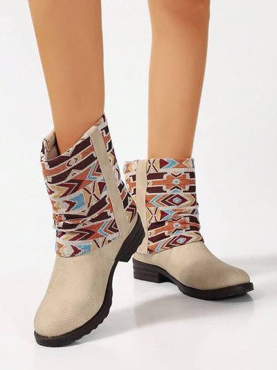 Bohemian Blooms: Beige Chunky Heel Ankle Boots with Floral Patchwork