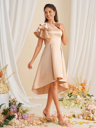 Chic Asymmetrical Neckline Cocktail Dress with Gathered Waist