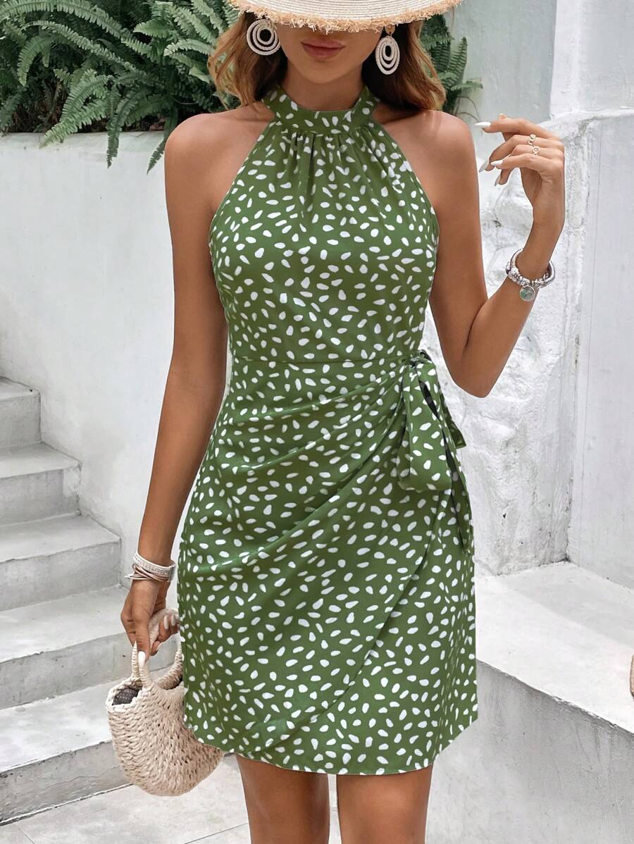 Olive green halter mini dress with white abstract print