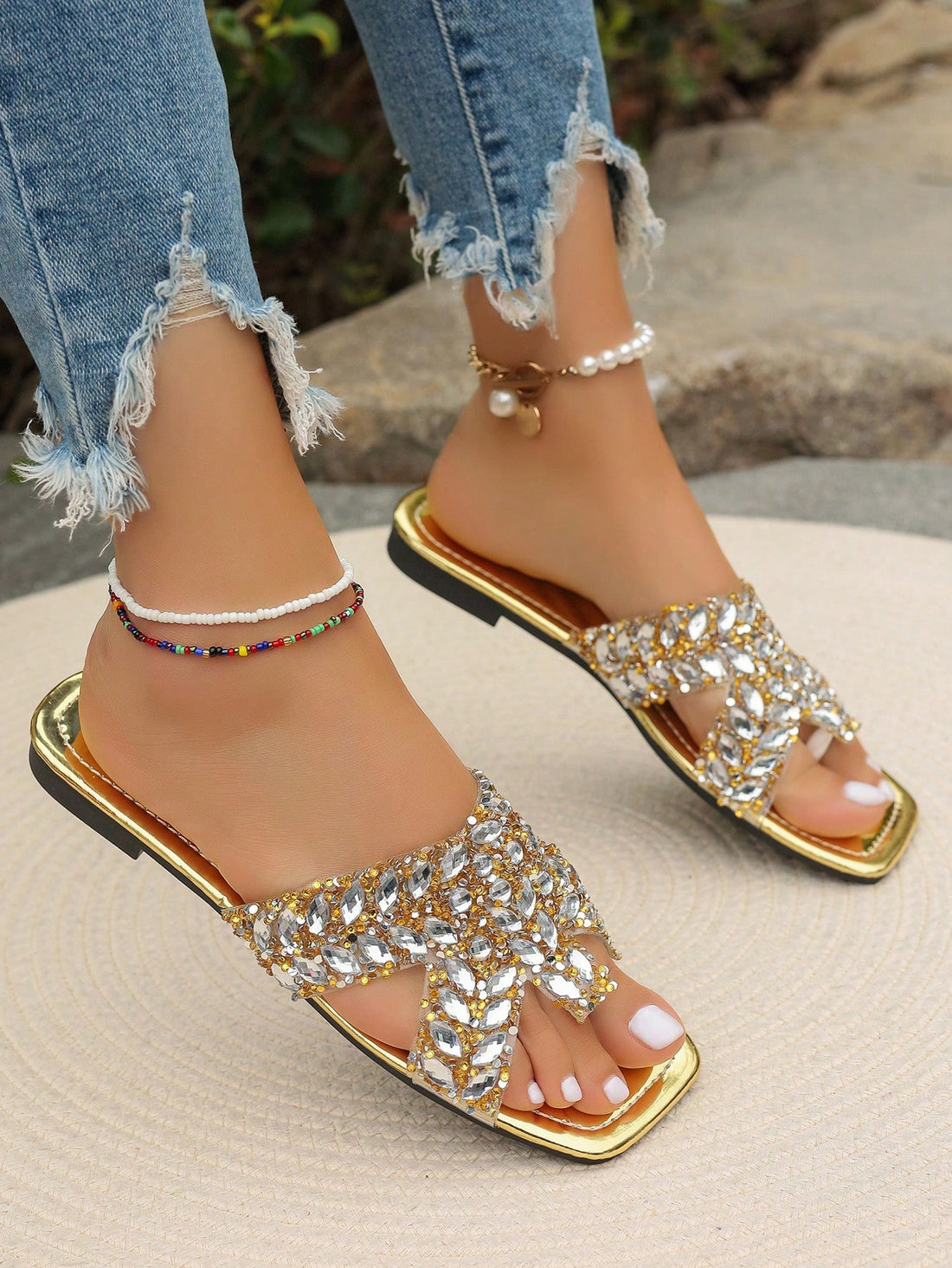 Elevate your beach style with Golden Glitter Diamond Beach Sandals. The shimmering design adds a touch of elegance to your outdoor adventures. Crafted with quality materials, these sandals provide both style and durability. Stand out from the crowd and shine bright with these must-have sandals!
