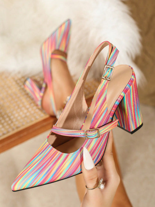 Step into Spring with style with these Rainbow Candy Color Chunky Heel Sandals. Featuring a unique and colorful design, these sandals are perfect for adding a pop of color to your outfit. The chunky heel provides extra support and comfort, making them ideal for wearing all day long. Elevate your spring wardrobe with these stylish and trendy sandals.