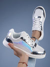 Silver Summer Sneakers: Color-Changing Comfort with Mesh & Leather Patchwork