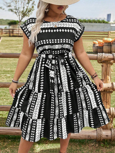 Chic Geometric Print A-Line Dress for Spring and Summer in Plus Size