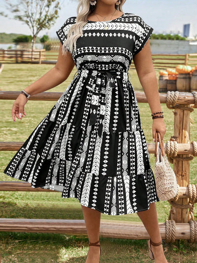 Chic Geometric Print A-Line Dress for Spring and Summer in Plus Size