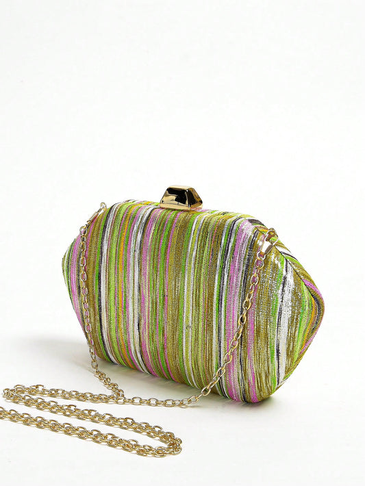 Experience the ultimate party style with Rainbow Sparkle: Colorful Stripe Clutch Bag. The perfect accessory for any event, its vibrant stripes add a pop of color to any outfit. With its sleek design and spacious interior, this bag will hold all your essentials while keeping you fashionable.