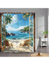 Tropical Paradise Shower Curtain: Ocean Scenery with Palm Trees, Seagulls, and Coral Reef - Bathroom Decoration