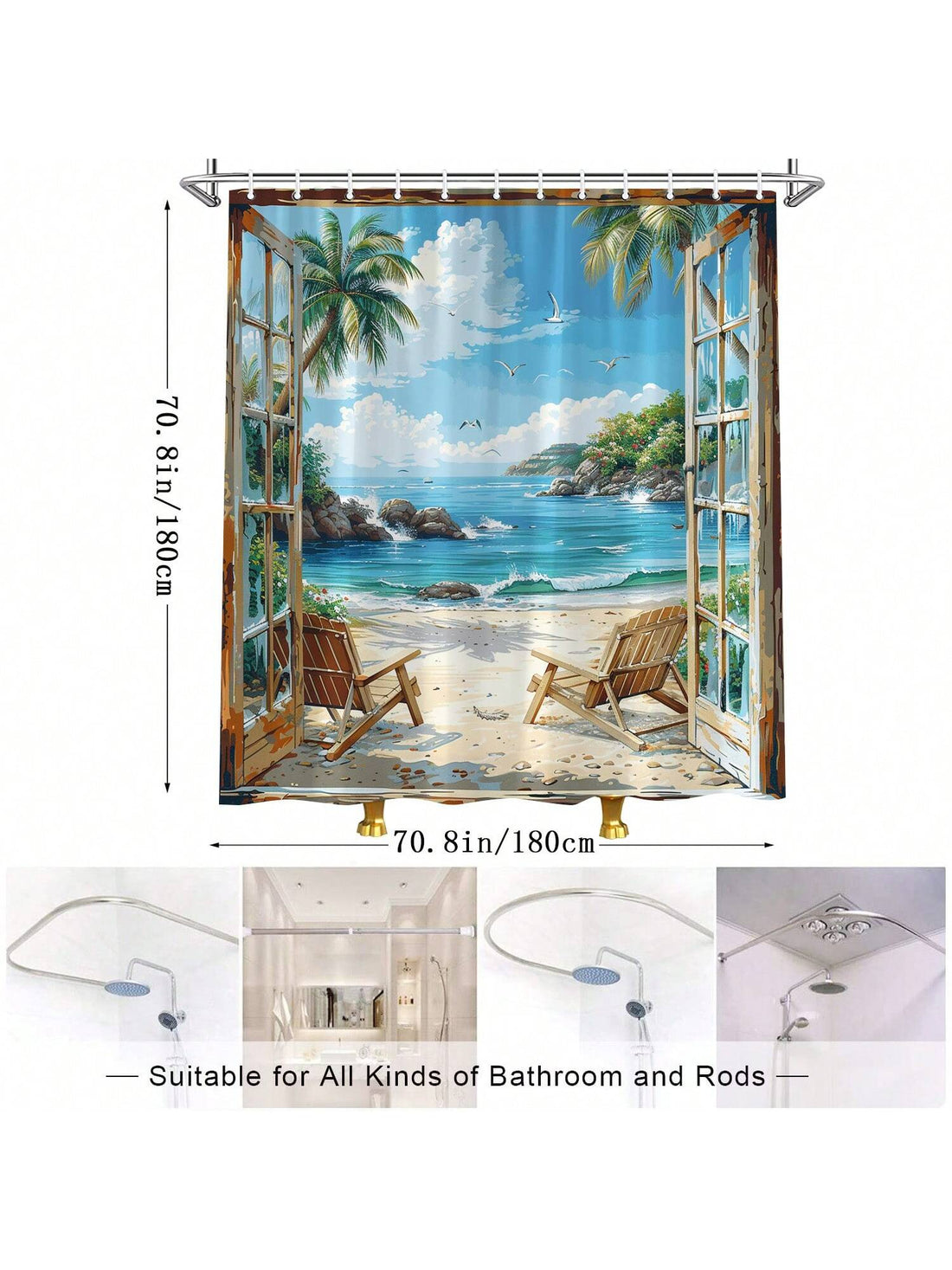 Transform your bathroom into a tropical paradise with our shower curtain. Featuring a serene ocean scenery of palm trees, seagulls, and coral reef, it's the perfect decoration to create a relaxing atmosphere. Made with high-quality materials and easy to install, it's the ultimate addition to any beach lover's bathroom.