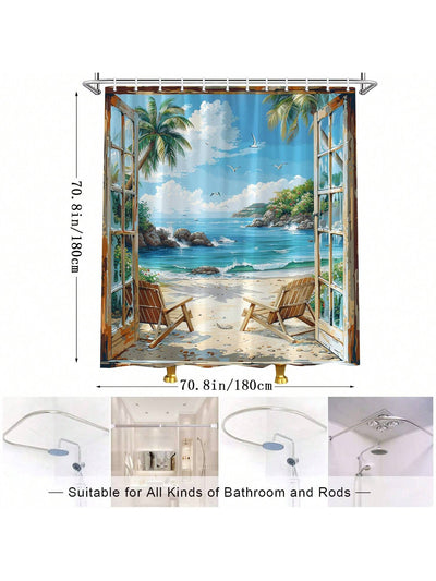 Tropical Paradise Shower Curtain: Ocean Scenery with Palm Trees, Seagulls, and Coral Reef - Bathroom Decoration