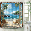 Tropical Paradise Shower Curtain: Ocean Scenery with Palm Trees, Seagulls, and Coral Reef - Bathroom Decoration