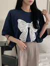 Fluttering into Summer: Women's Butterfly Printed T-Shirt with Bow Tie Decoration