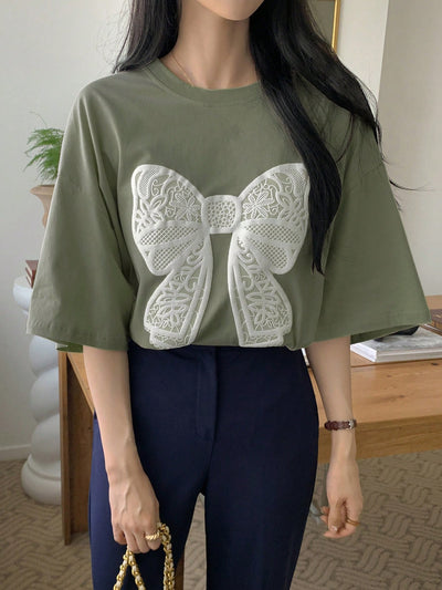 Fluttering into Summer: Women's Butterfly Printed T-Shirt with Bow Tie Decoration